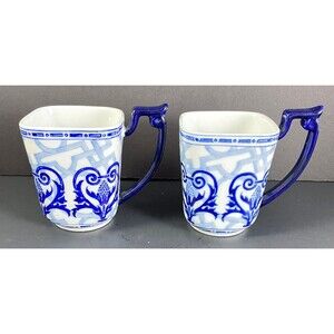 Bombay Penzance Square Mug Cup Set of 2 Blue White Porcelain 4.25" Vintage